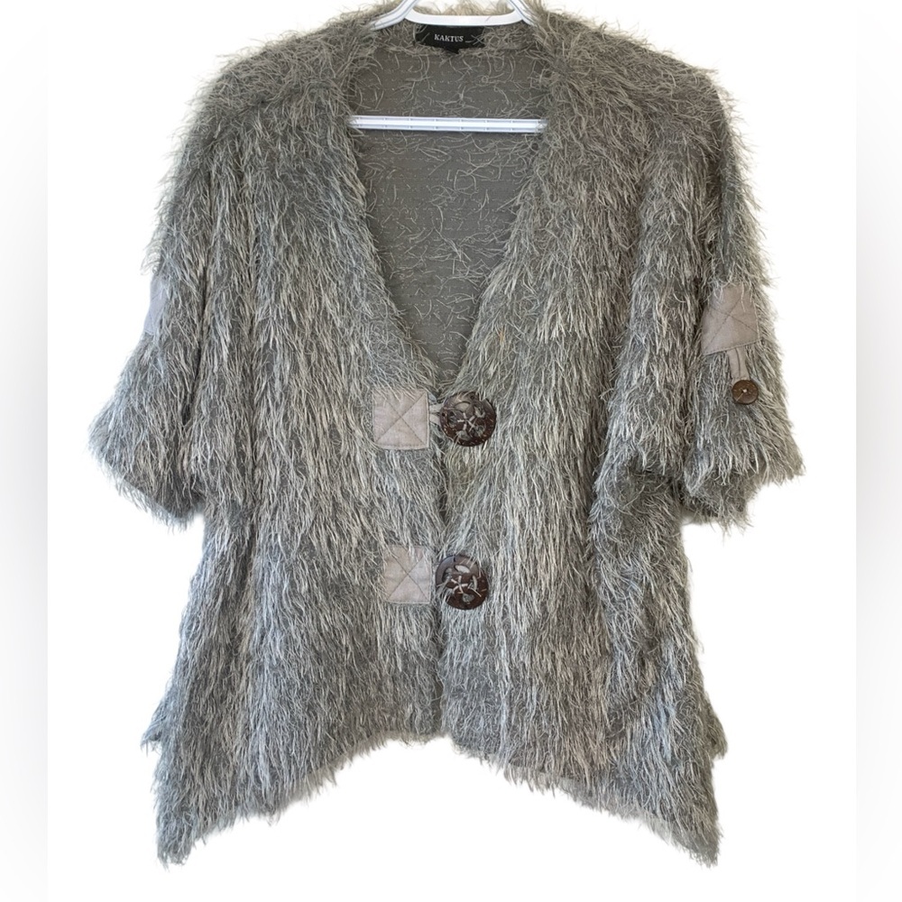 KAKTUS Fuzzy Grey Short Sleeve Button Up Cardigan, Wooden Buttons, Stretch